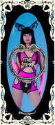 Person in a pink outfit with 'THE FEMI' text, surrounded by decorative elements on a blue background.