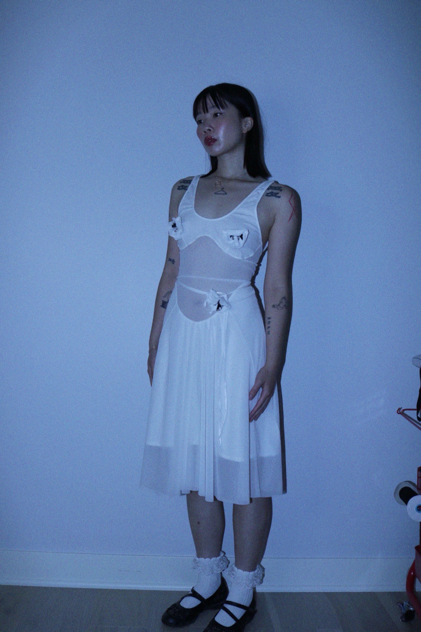 Angels Textured Flower Sheer Dress In White