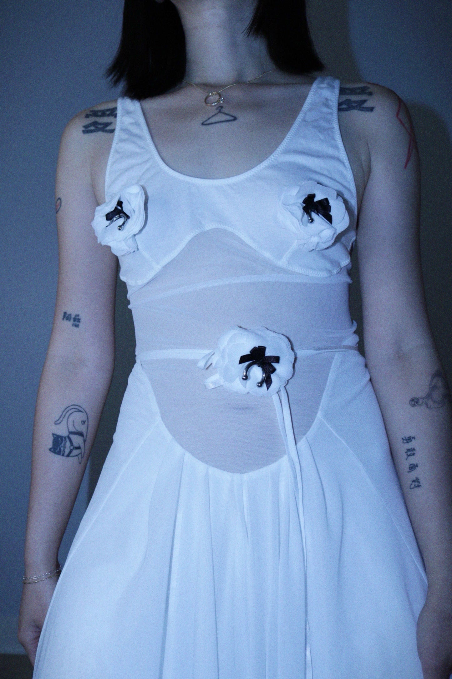 Angels Textured Flower Sheer Dress In White