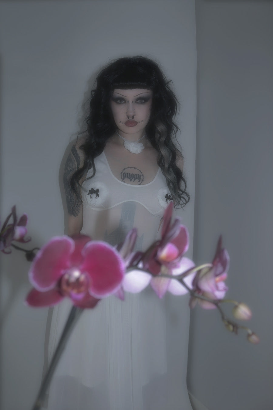 Angels Textured Flower Sheer Dress In White