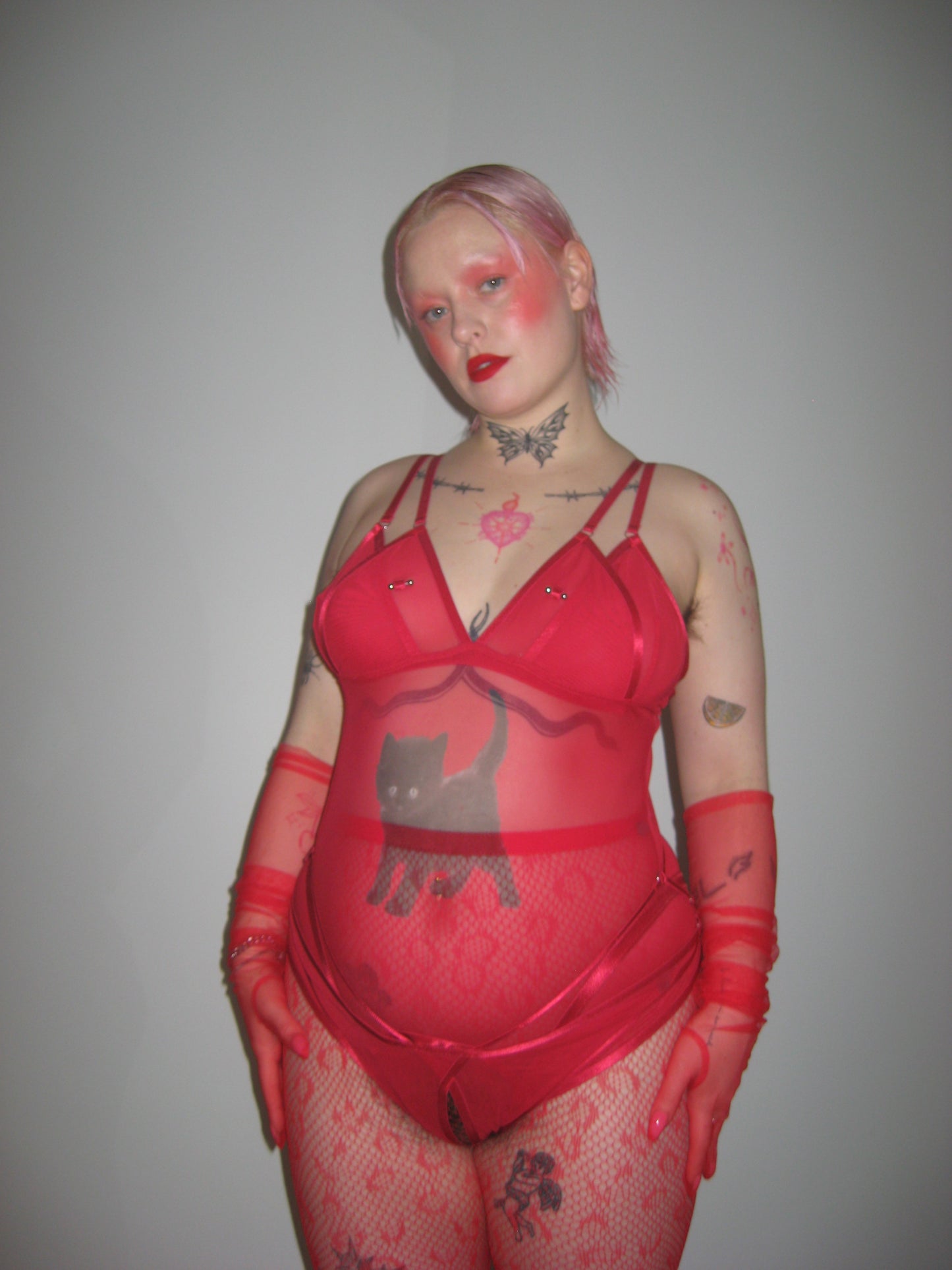 Black Balloon Crotchless Bodysuit In Red