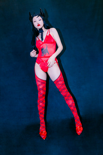 Black Balloon Crotchless Bodysuit In Red