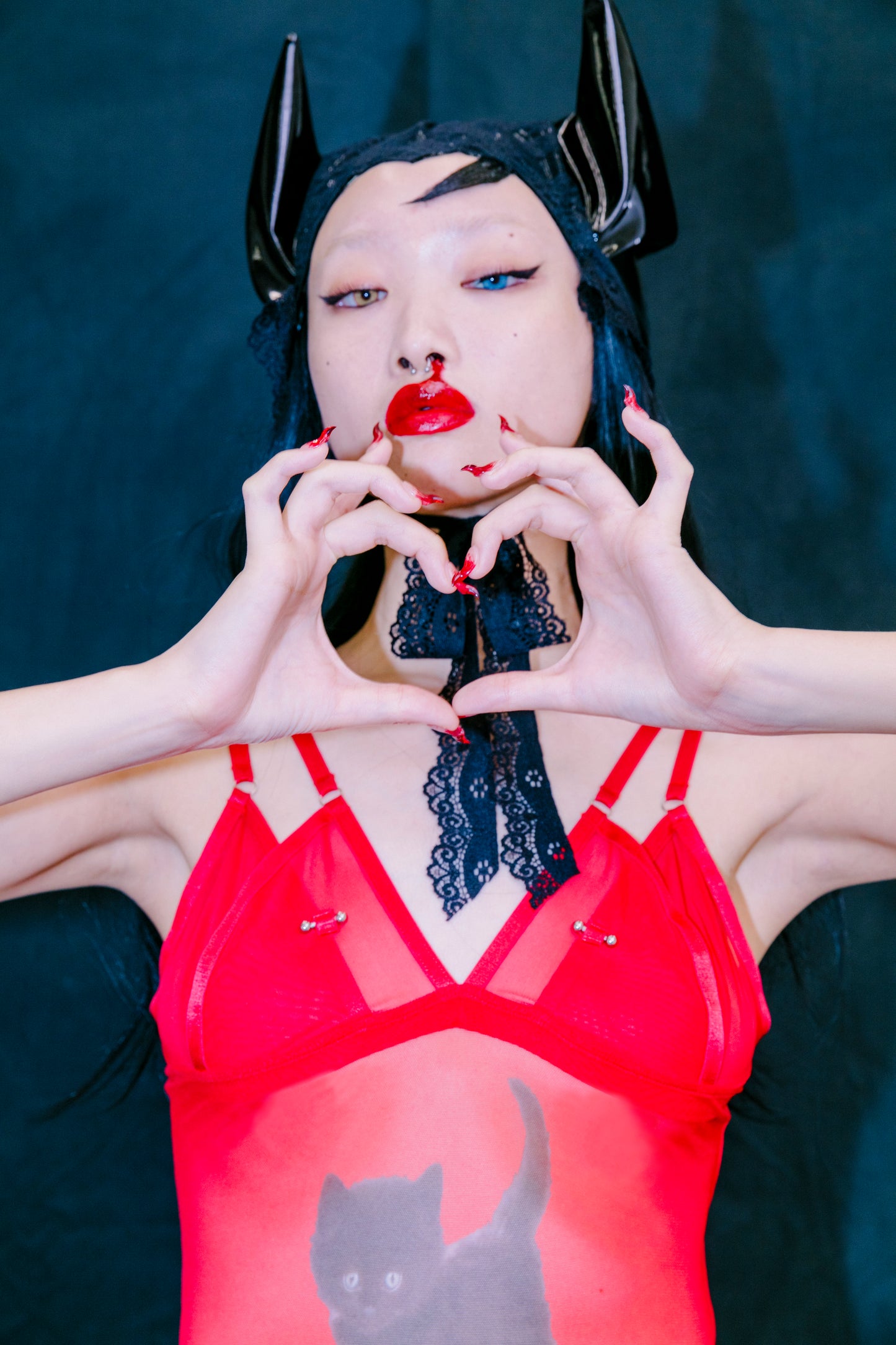 Black Balloon Crotchless Bodysuit In Red