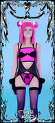 Person wearing a pink and black outfit with decorative elements on a blue background