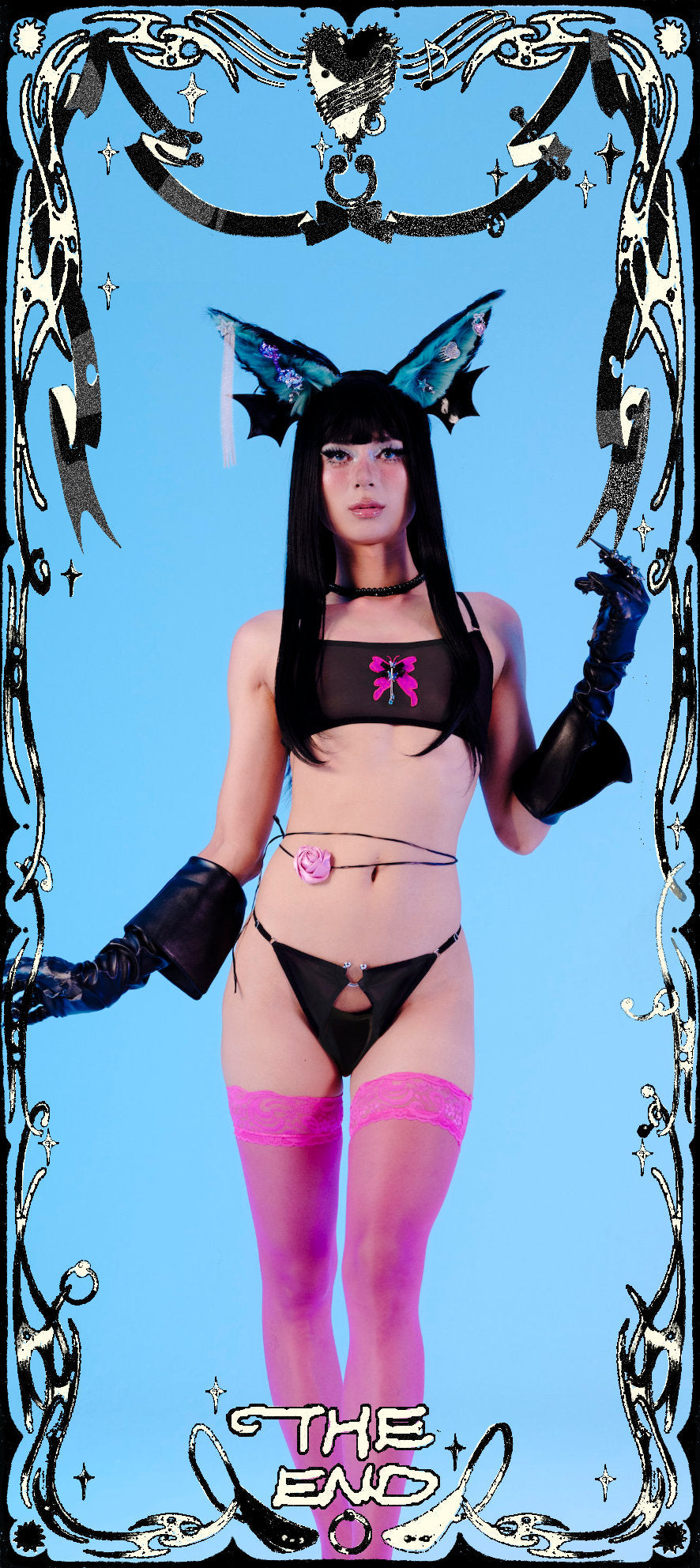 Person in cosplay outfit with decorative border and 'The End' text on a blue background