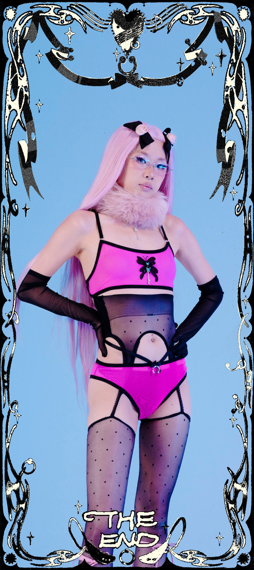Person in pink outfit with decorative border and 'The End' text on a blue background