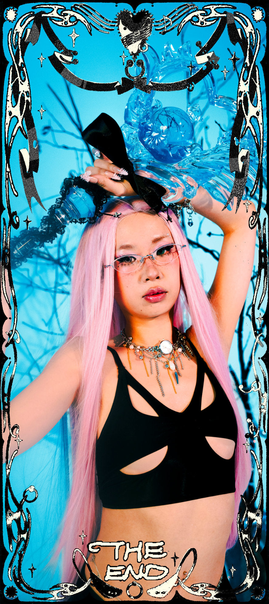 Person with pink hair and black top against a blue abstract background with 'The End' text.