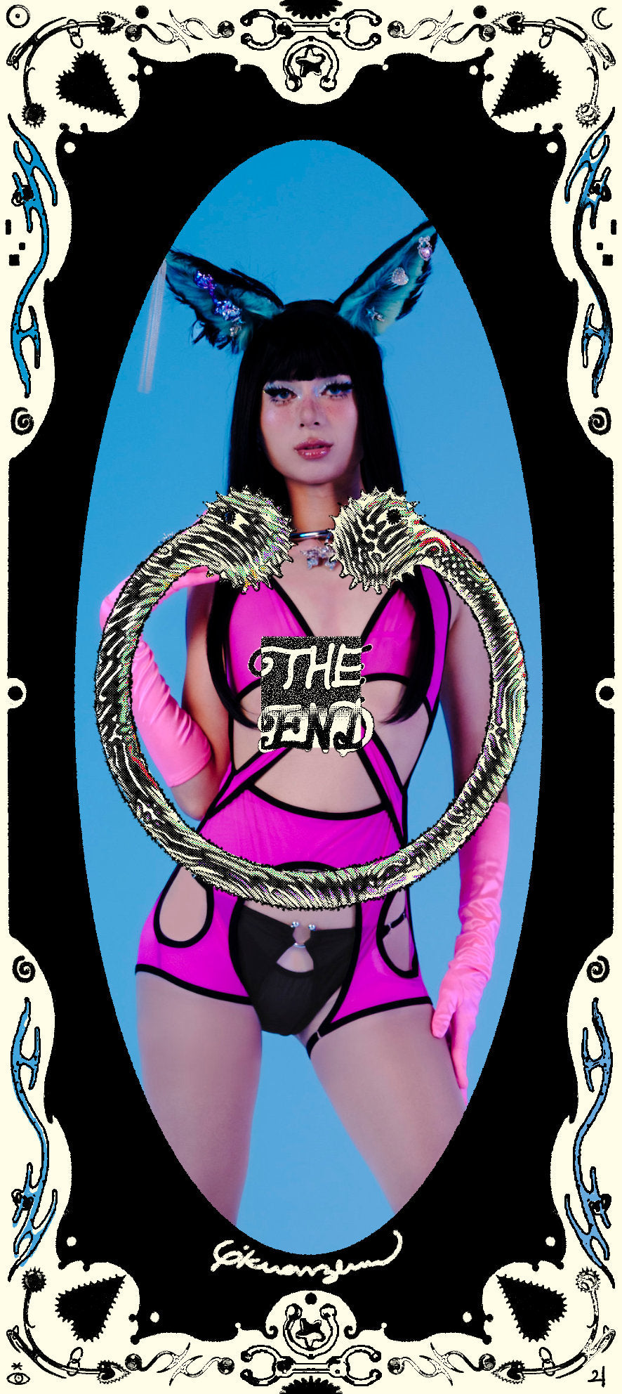 Person in a pink outfit with 'THE FEMI' text, surrounded by decorative elements on a blue background.