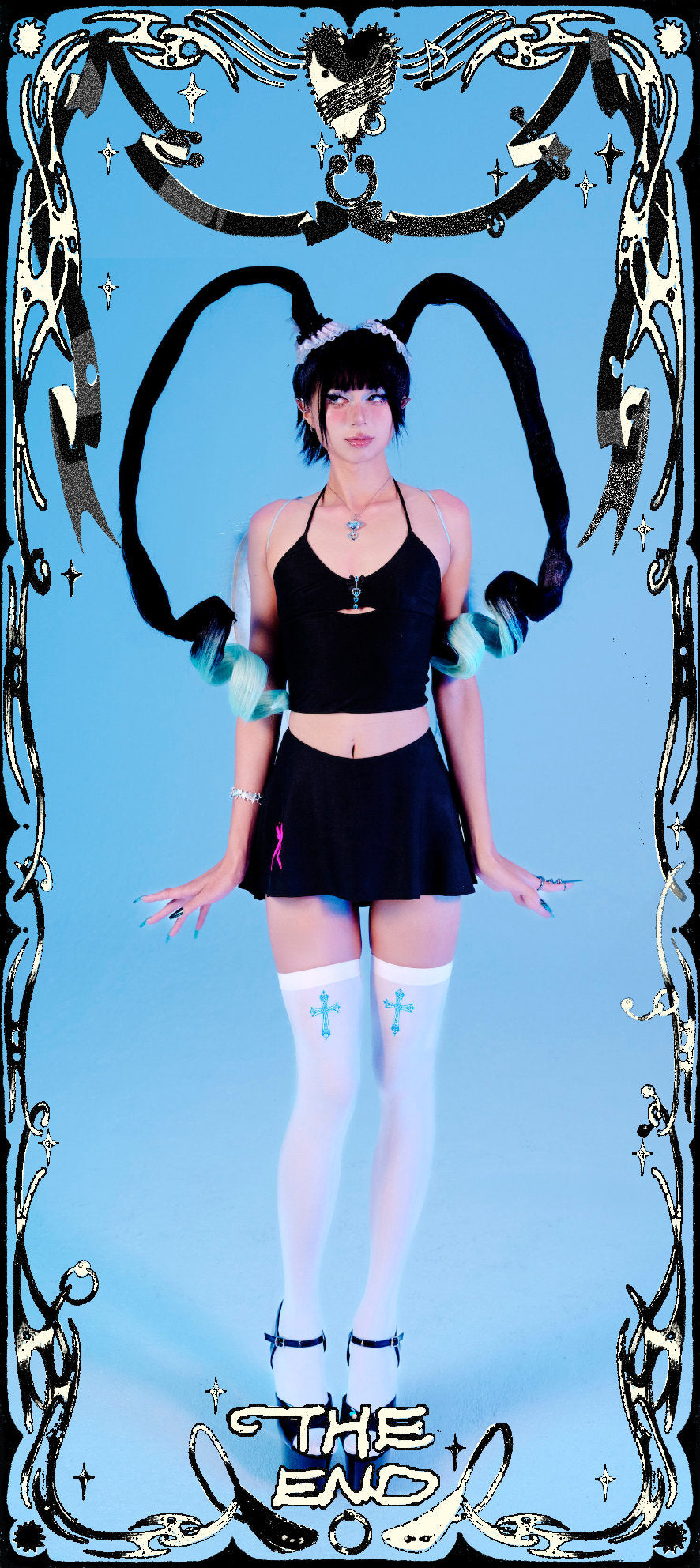 Person in black outfit with decorative frame and 'The End' text on blue background