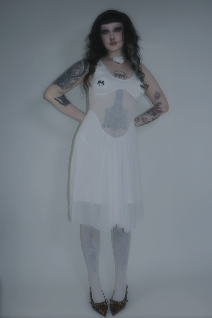 Angels Textured Flower Sheer Dress In White