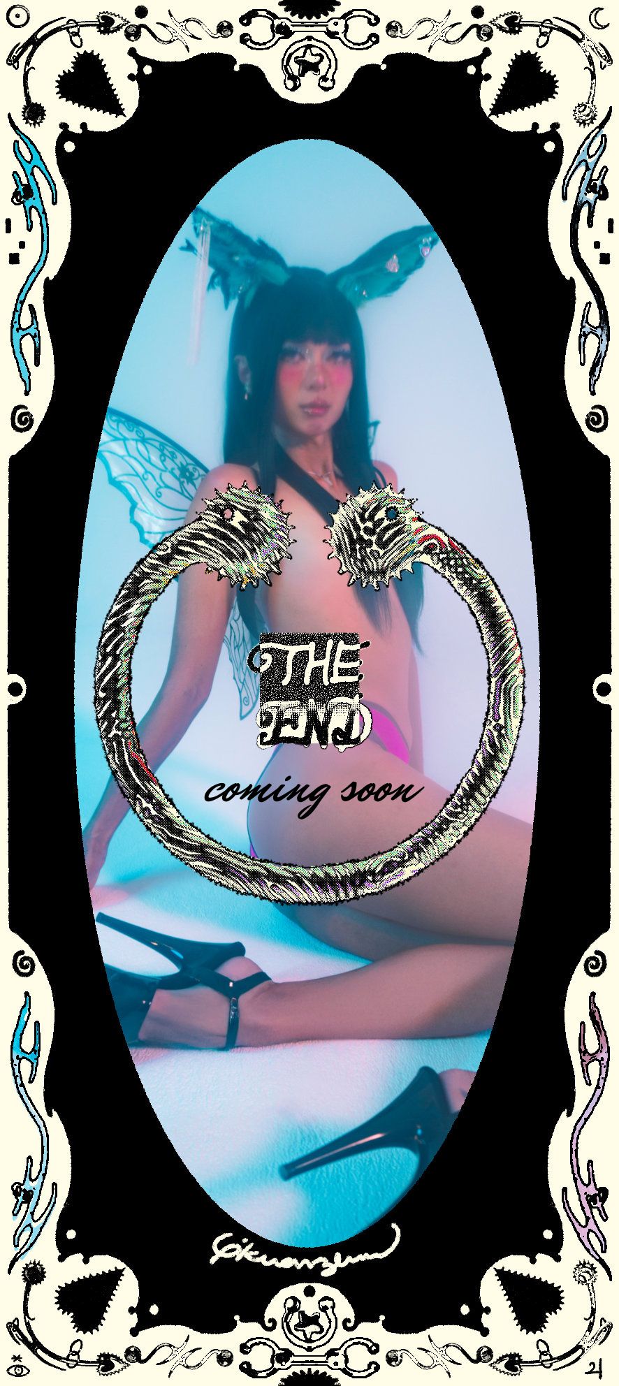 Promotional image with a stylized border featuring a person with butterfly wings and text 'The End coming soon'.